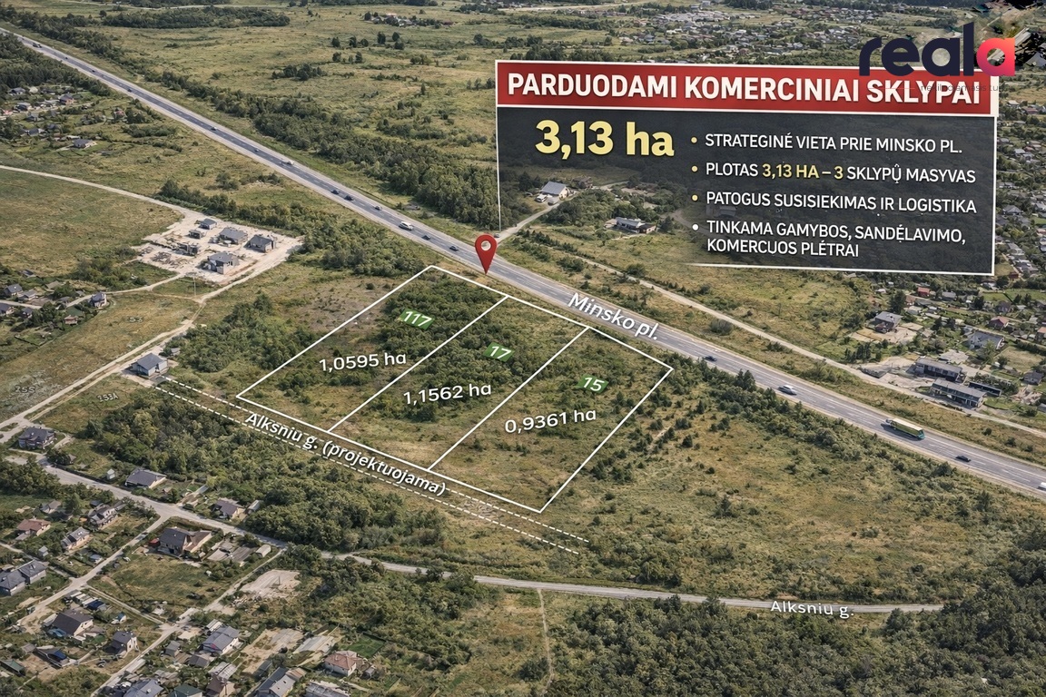 Parduodamas 3,13 ha ploto, trijų sklypų masyvas strateginėje vietoje – Minsko plente, Vilniaus r.