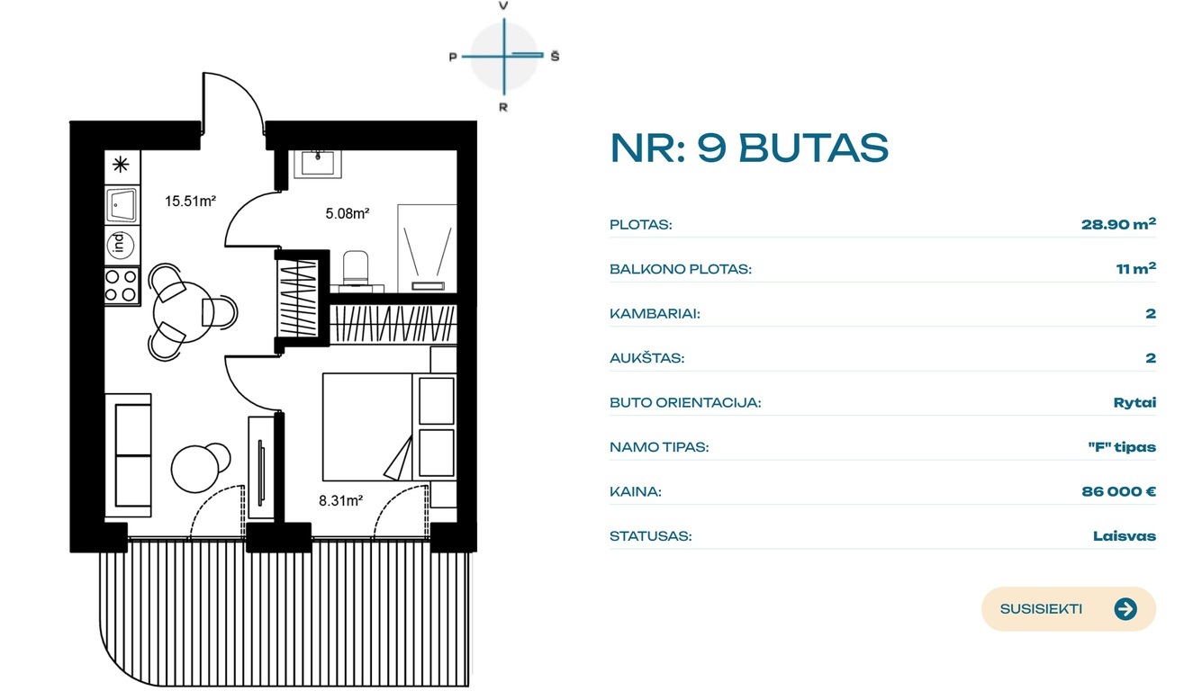 Parduodamas butas Vaivorykštės g., Palangoje, 28.9 kv.m ploto