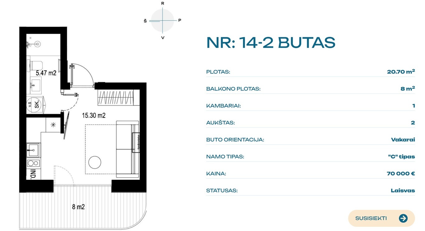 Parduodamas butas Vaivorykštės g., Palangoje, 20.7 kv.m ploto, 1 kambario