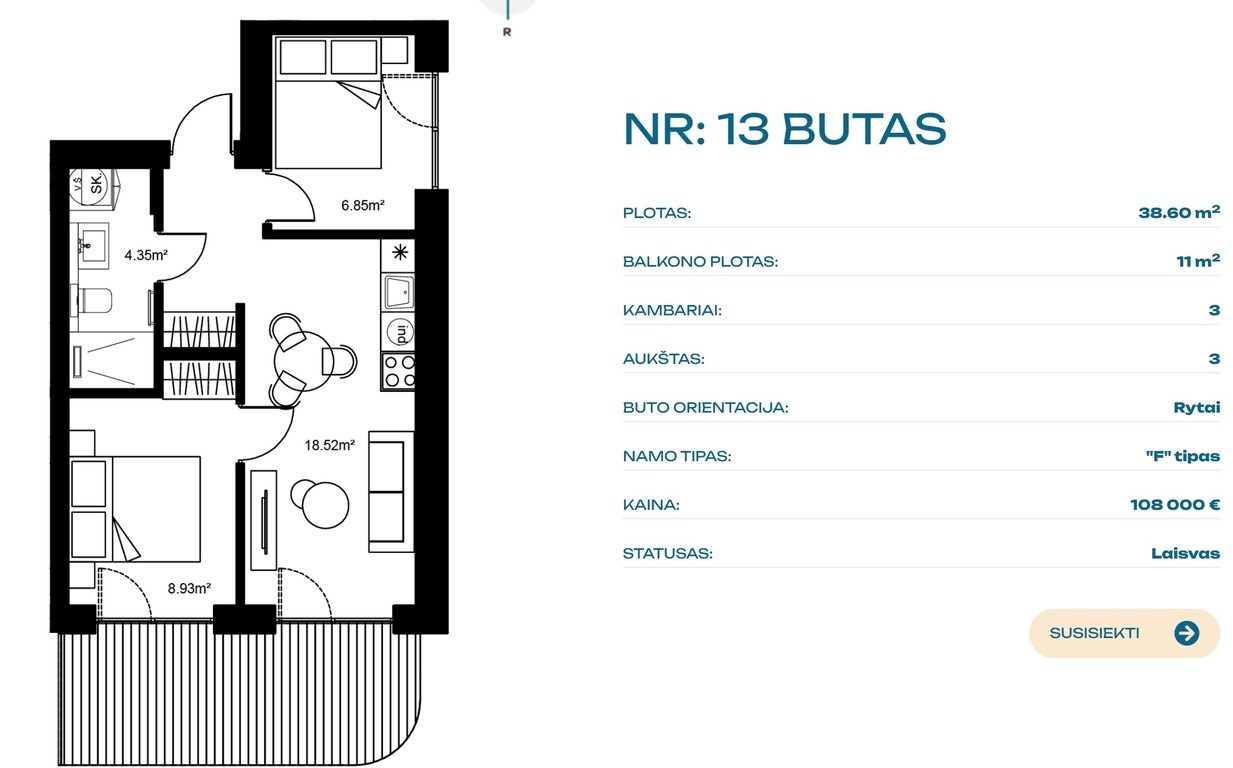 Parduodamas butas Vaivorykštės g., , Palangoje, 38.6 kv.m ploto, 3 kambariai