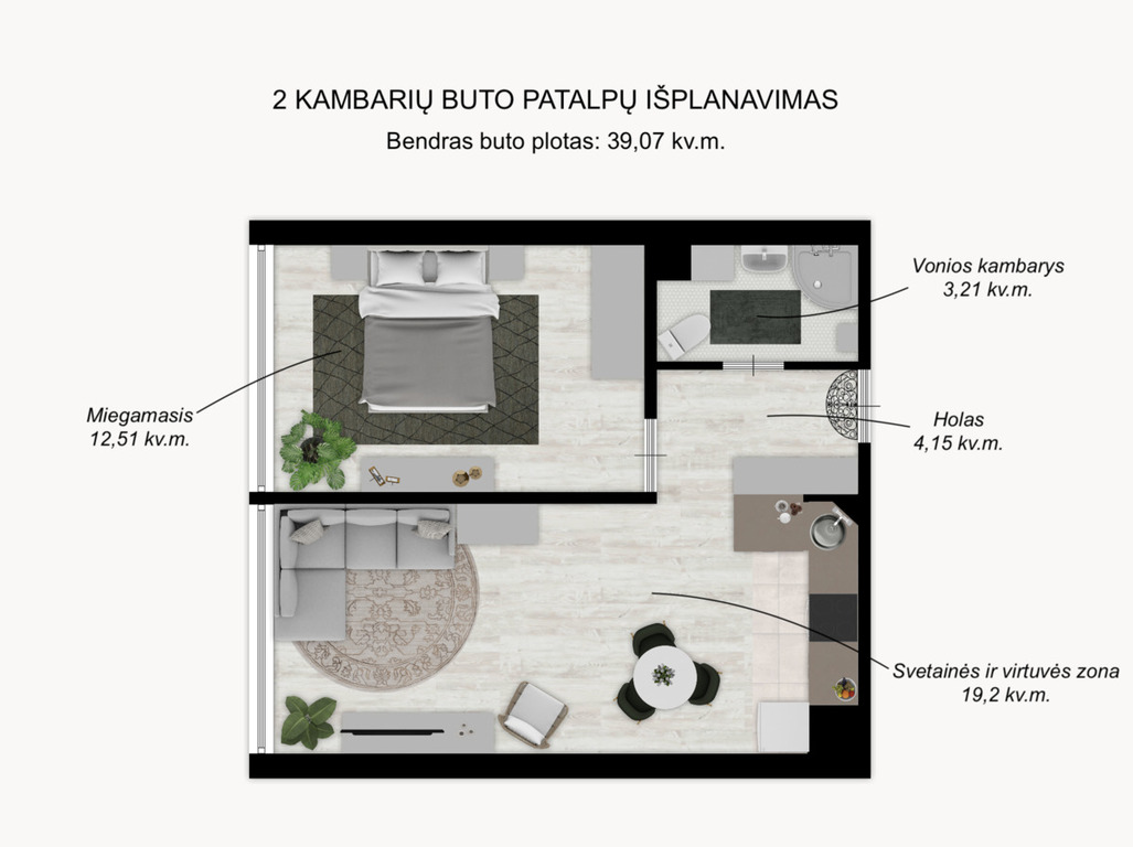 Parduodamas butas Verkių g., Žirmūnuose, Vilnius, 39.07 kv.m ploto, 2 kambariai