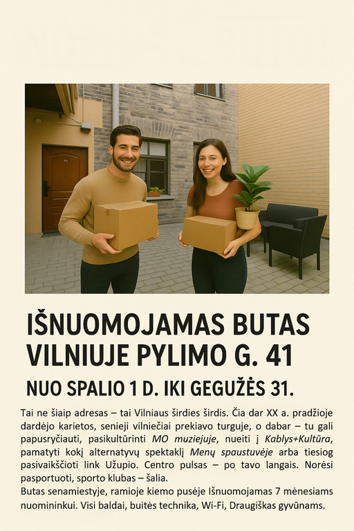 Nuomojamas butas Senamiestyje, Vilnius, 64 kv.m ploto, 2 kambariai