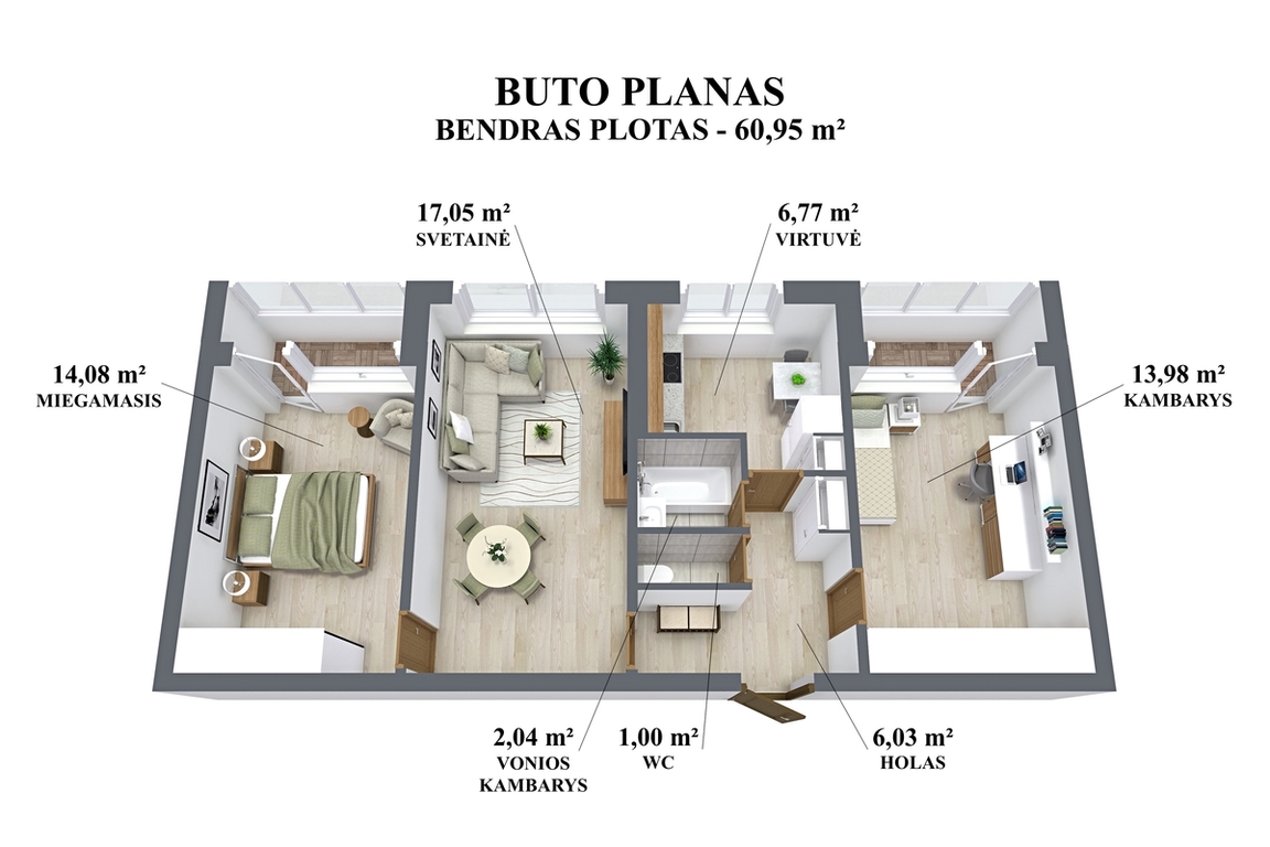 Parduodamas butas Architektų g., Lazdynuose, Vilnius, 60.95 kv.m ploto, 3 kambariai