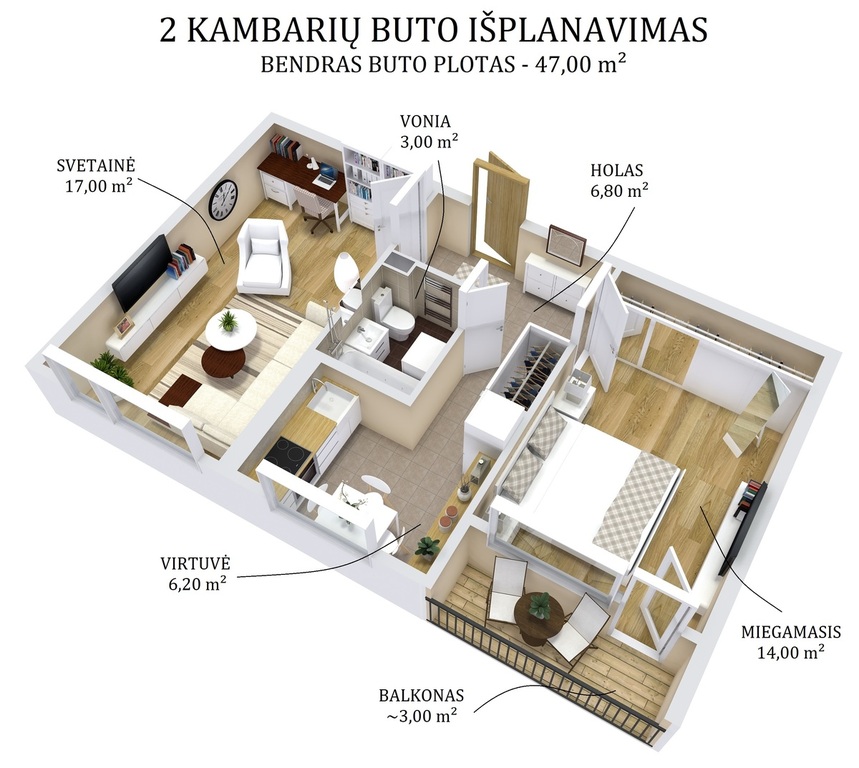 Parduodamas butas Architektų g., 47 kv.m ploto, 2 kambariai