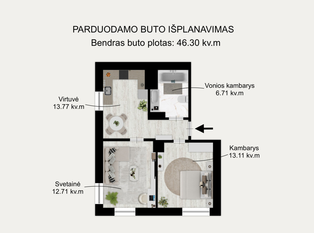 Parduodamas butas Prūsų g., Naujininkuose, Vilnius, 46.3 kv.m ploto, 2 kambariai