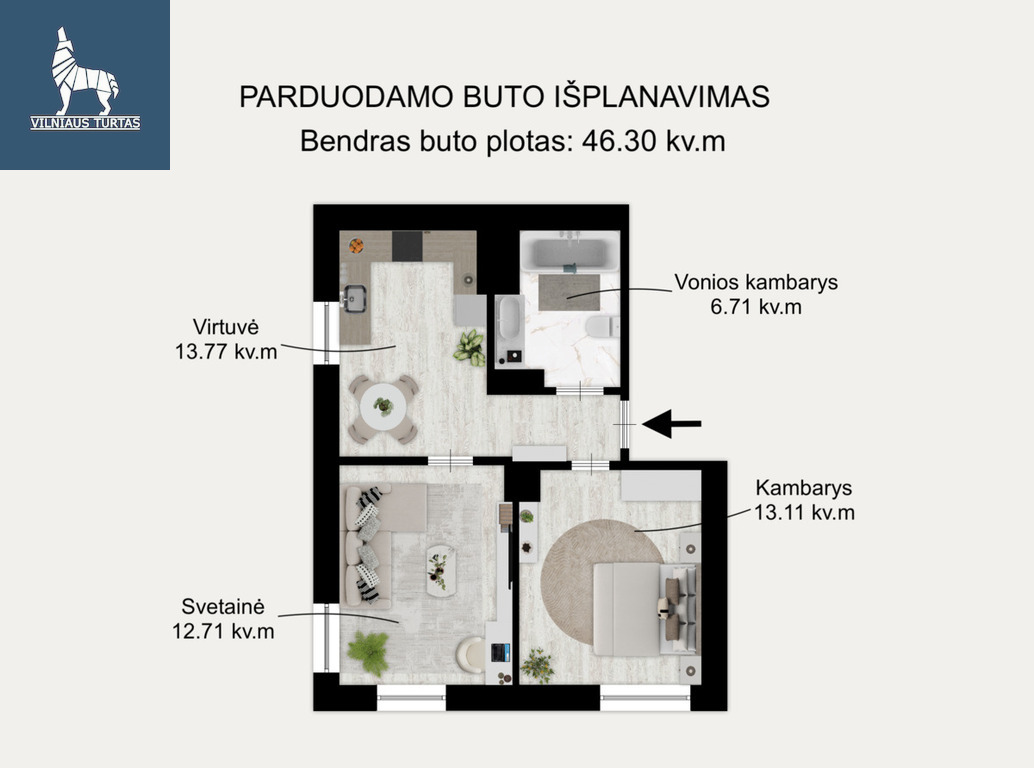 Parduodamas butas Prūsų g., Naujininkuose, Vilnius, 46.3 kv.m ploto, 2 kambariai