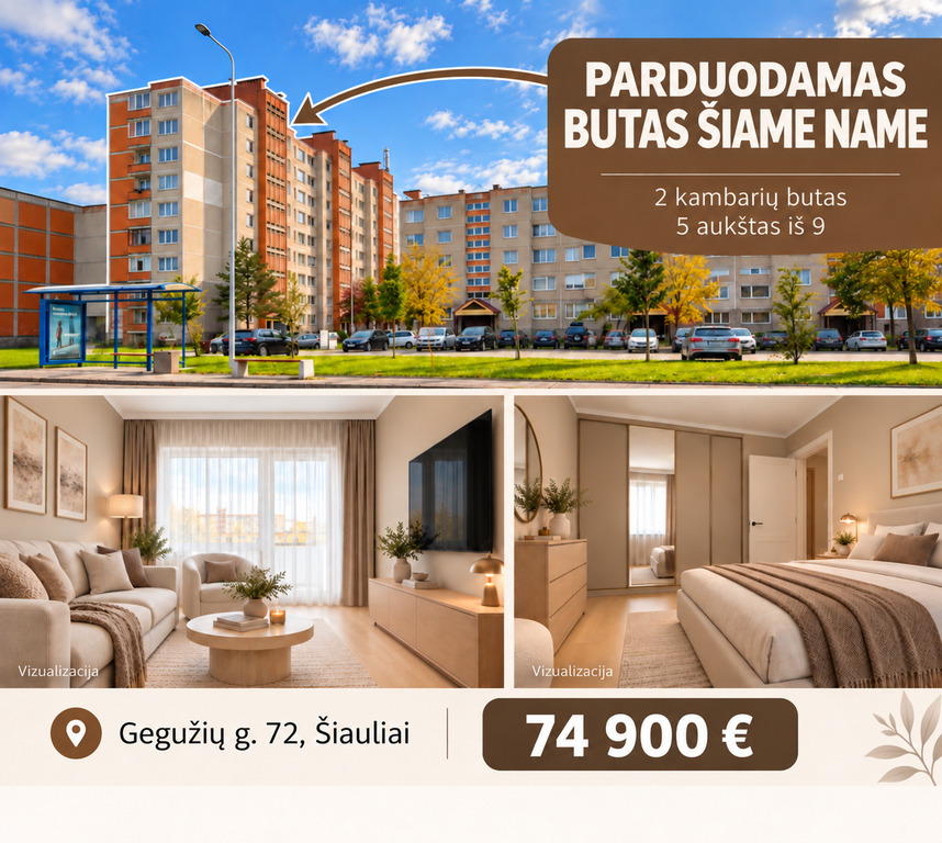 PATOGIOJE VIETOJE PARDUODAMAS 2 KAMBARIŲ BUTAS GEGUŽIŲ G. 72, ŠIAULIUOSE
